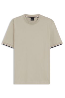 T-shirt en jersey de coton avec bas de manches &agrave; rayures embl&eacute;matiques, Beige clair