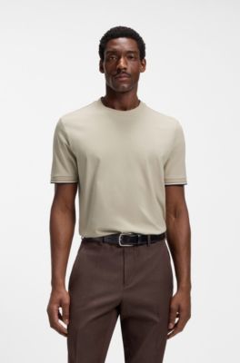 T-shirt en jersey de coton avec bas de manches &agrave; rayures embl&eacute;matiques, Beige clair