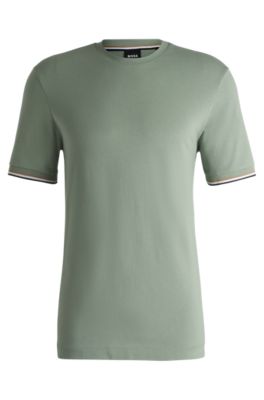 Hugo Boss Cotton-jersey T-shirt With Signature-stripe Cuffs In Light Green