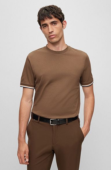 T-shirt en jersey de coton avec bas de manches à rayures emblématiques, Chaux