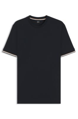 Cotton-jersey T-shirt with signature-stripe cuffs, Dark Blue