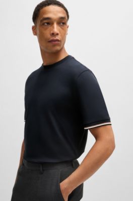 Camiseta en punto de algod&oacute;n con raya caracter&iacute;stica en los pu&ntilde;os, Azul oscuro