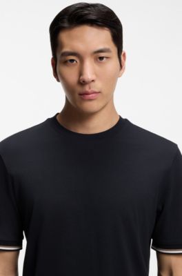 Cotton-jersey T-shirt with signature-stripe cuffs, Dark Blue