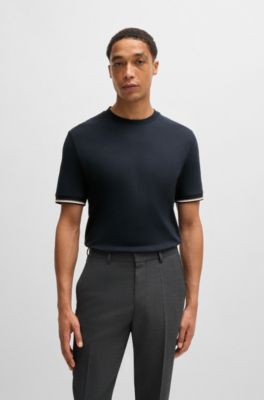 Camiseta en punto de algod&oacute;n con raya caracter&iacute;stica en los pu&ntilde;os, Azul oscuro