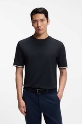Cotton-jersey T-shirt with signature-stripe cuffs, Dark Blue