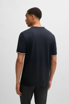 Camiseta en punto de algod&oacute;n con raya caracter&iacute;stica en los pu&ntilde;os, Azul oscuro