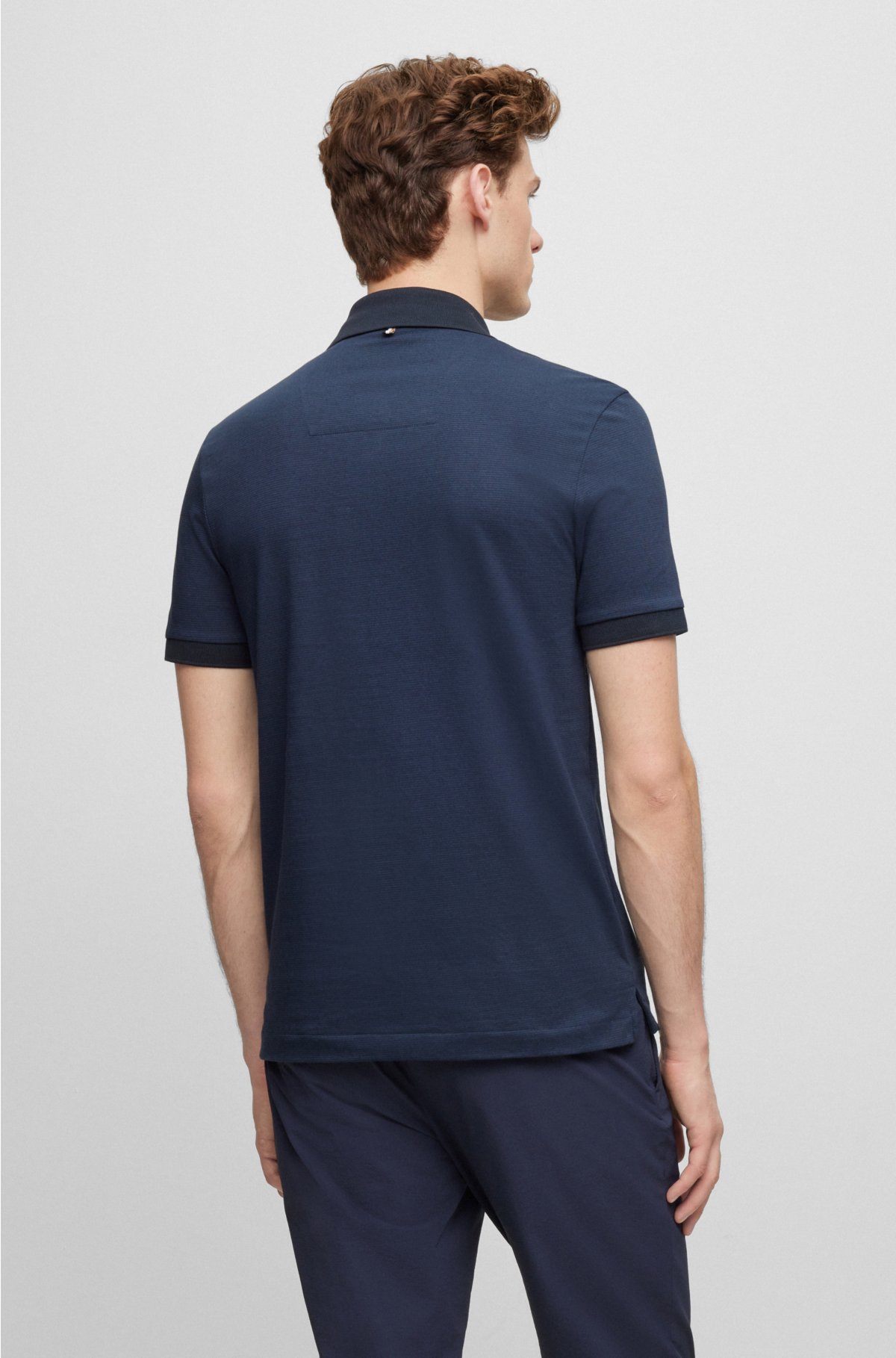 Slim-fit cotton-blend polo shirt with micro pattern, Dark Blue