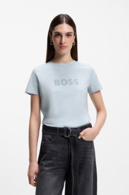Camiseta de punto de algod&oacute;n con logotipo en contraste, Celeste