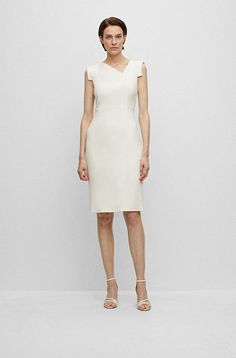 Shift dress with asymmetric neckline, White