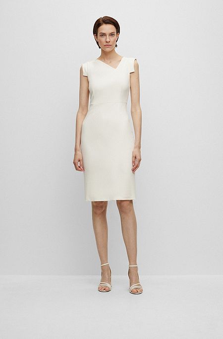 Shift dress with asymmetric neckline, White