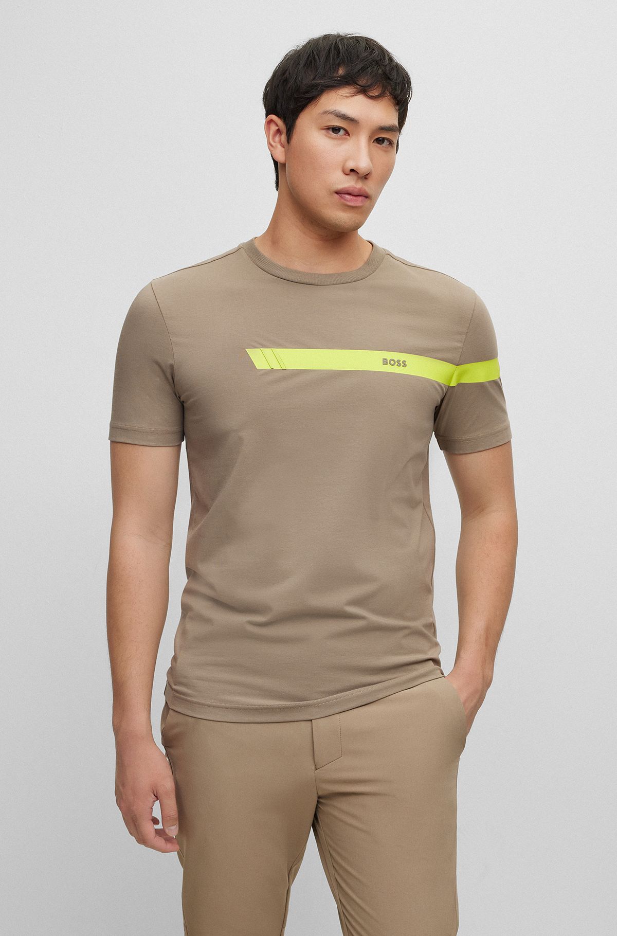 BOSS - Stretch-cotton T-shirt with stripe and logo