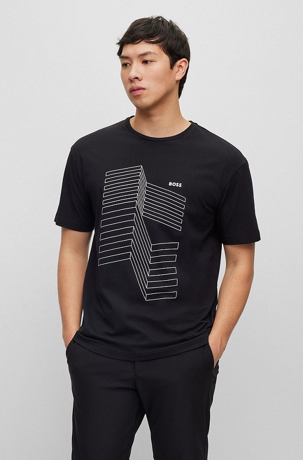 Camiseta relaxed fit en algodón elástico con logo de diseño, Negro