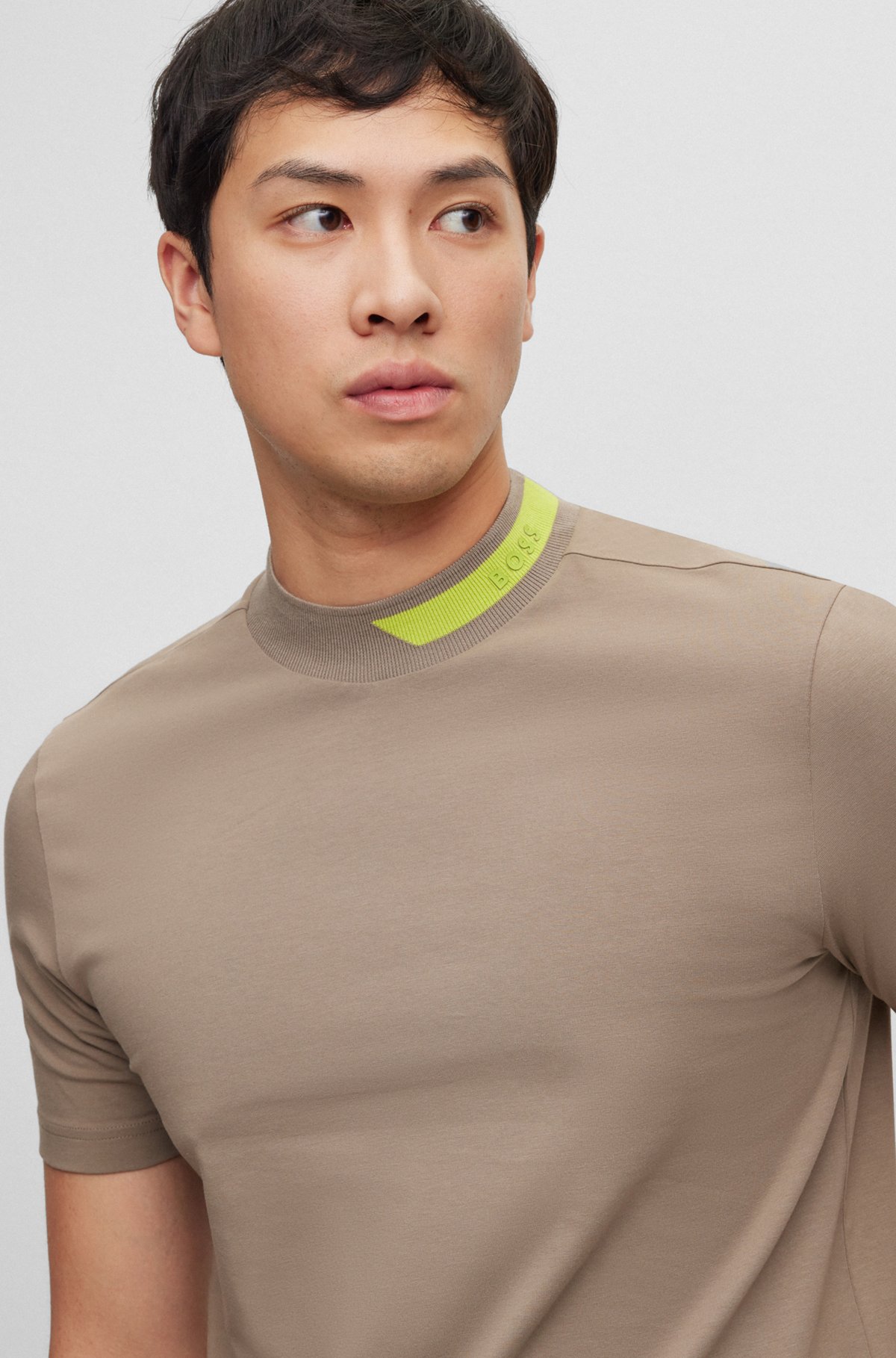 BOSS - Stretch-cotton T-shirt with logo-stripe jacquard collar