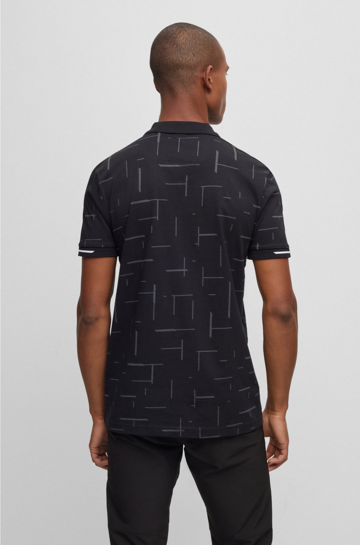 Cotton-jersey polo shirt with tonal printed pattern, Black