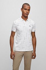 Cotton-jersey polo shirt with tonal printed pattern, White