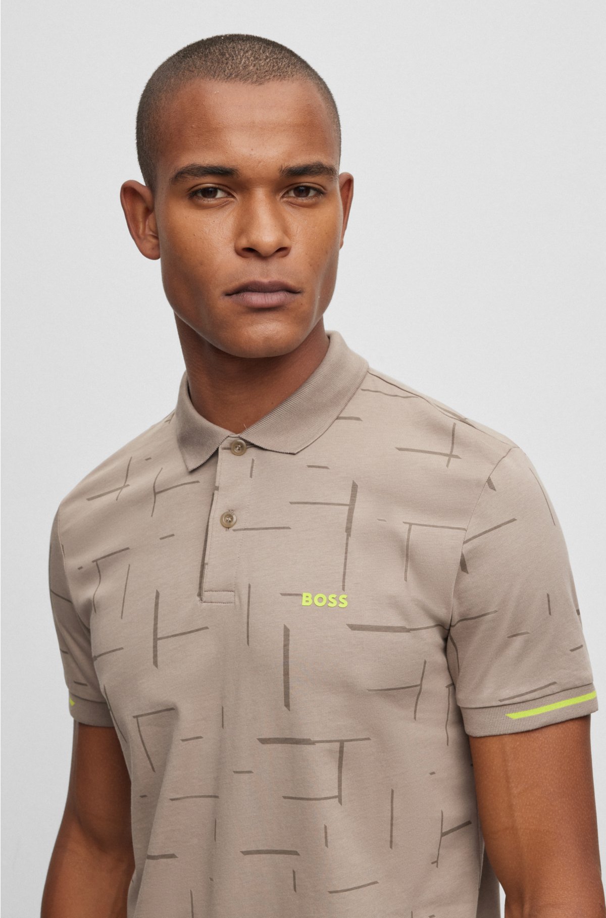 Cotton-jersey polo shirt with tonal printed pattern, Light Green