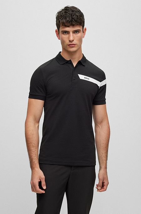 Polo Slim Fit avec logo et rayure, Noir