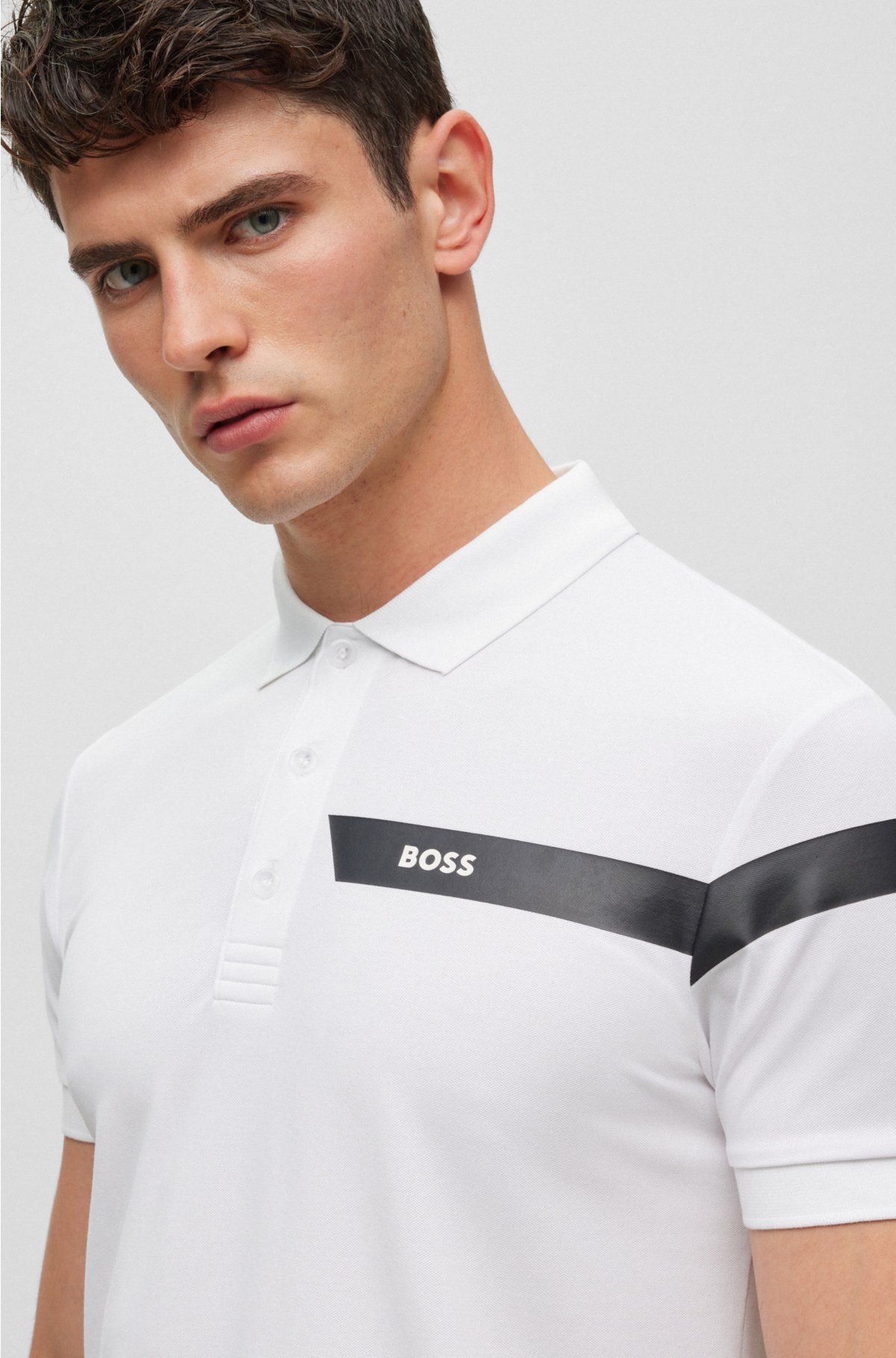 Slim-fit polo shirt with stripe and logo, White