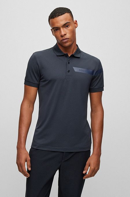 Slim-fit polo shirt with stripe and logo, Dark Blue