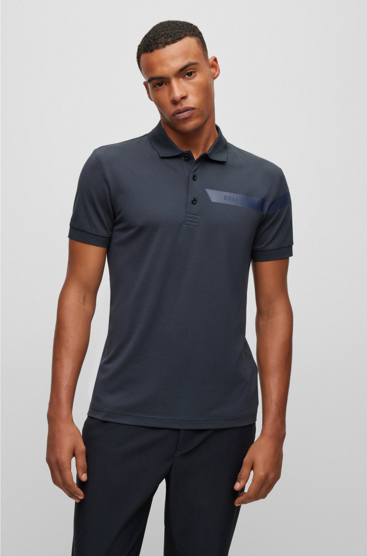 Slim-fit polo shirt with stripe and logo, Dark Blue
