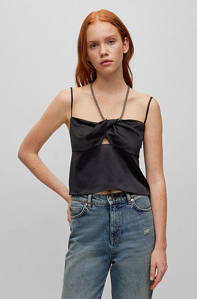 Twist-front top with crystal straps, Black