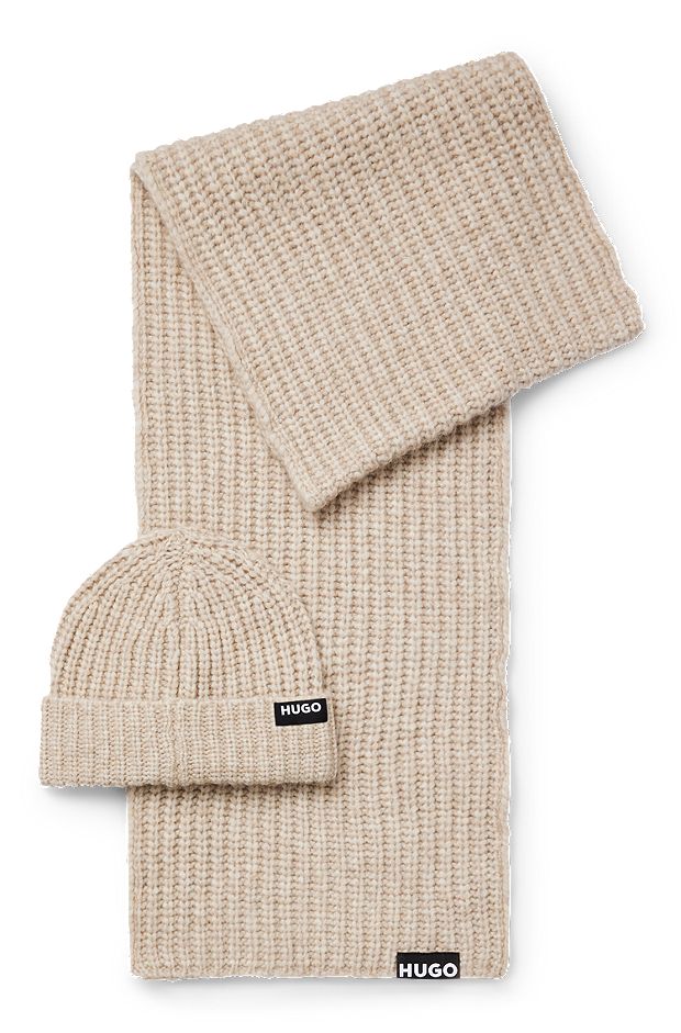Logo-trimmed ribbed beanie hat and scarf gift set, Light Beige
