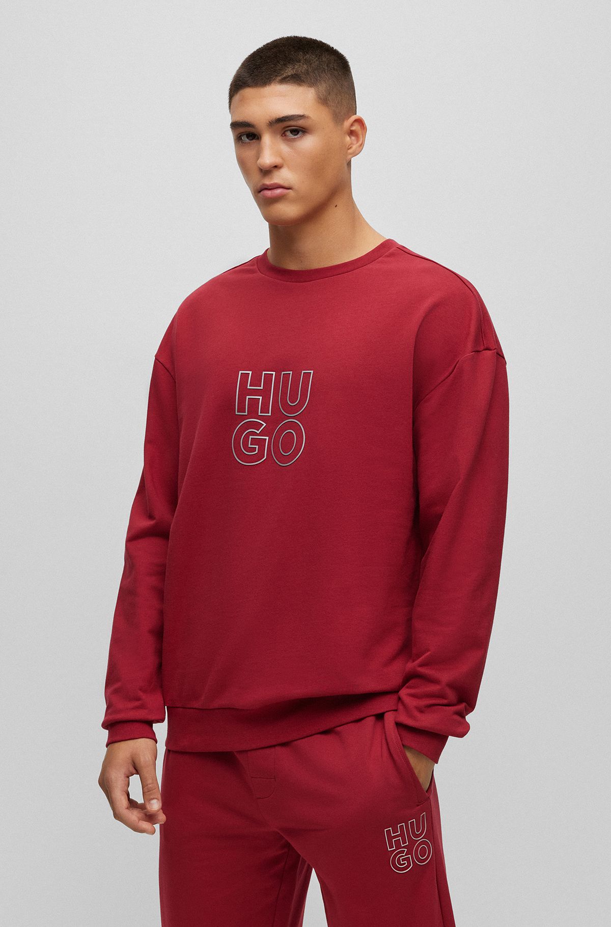 Cotton-terry sweatshirt with metallic-effect logo, Dark Red