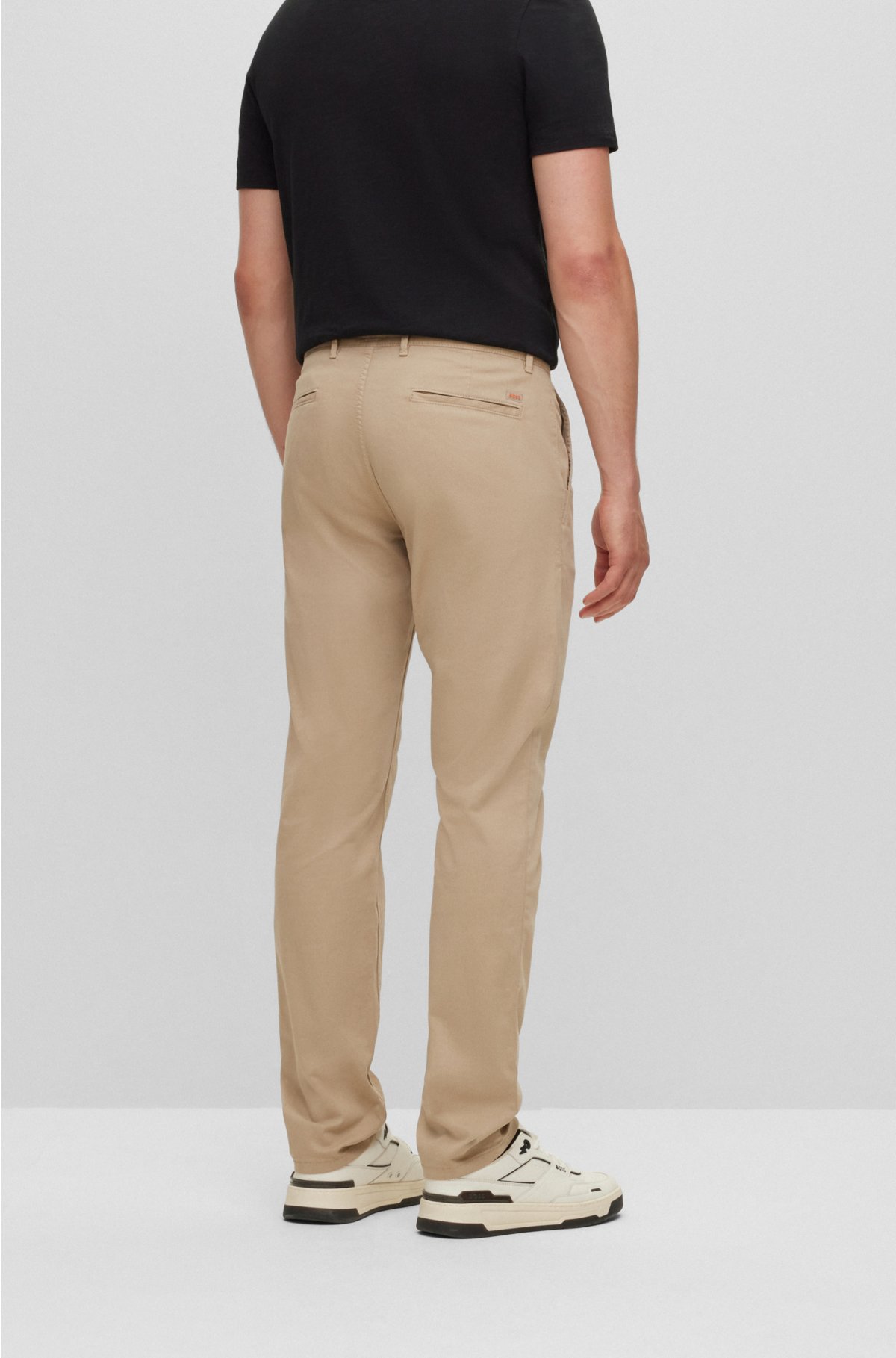 Slim-fit trousers in stretch-cotton satin, Light Brown