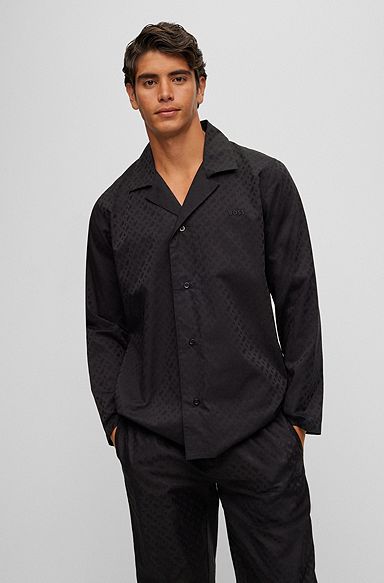 Pyjama Regular Fit en coton avec monogramme en jacquard, Noir