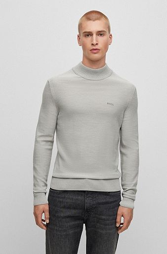 Wool-blend rollneck sweater with embroidered logo, Light Grey
