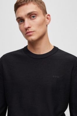 Pull Regular en laine m&eacute;lang&eacute;e &agrave; logo brod&eacute;, Noir