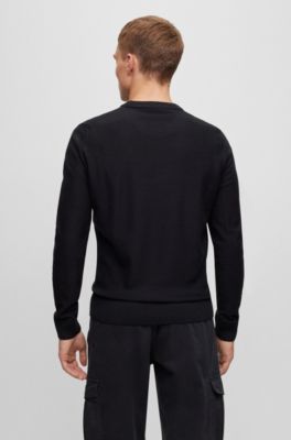 Pull Regular en laine m&eacute;lang&eacute;e &agrave; logo brod&eacute;, Noir