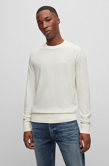 Wool-blend sweater with embroidered logo in regular fit, White