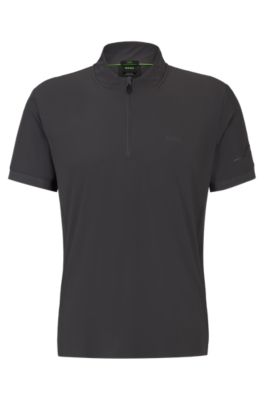 Hugo Boss Zip-neck Slim-fit Polo Shirt With Decorative Reflective Print In Dark Grey