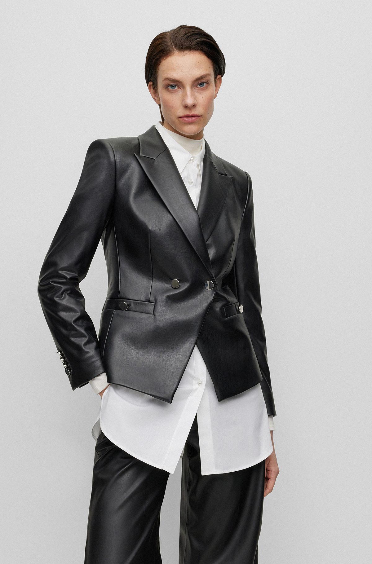 Regular-fit jacket in faux leather with peak lapels, Black