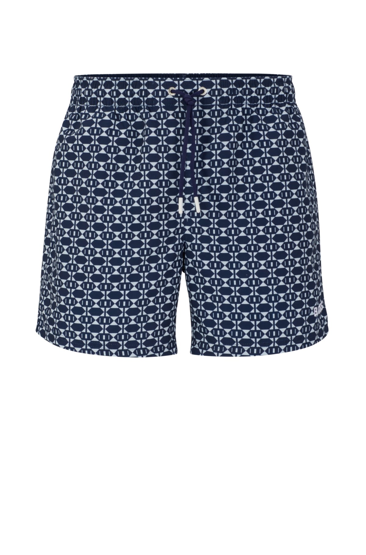 Recycled-material swim shorts with seasonal print, Dark Blue
