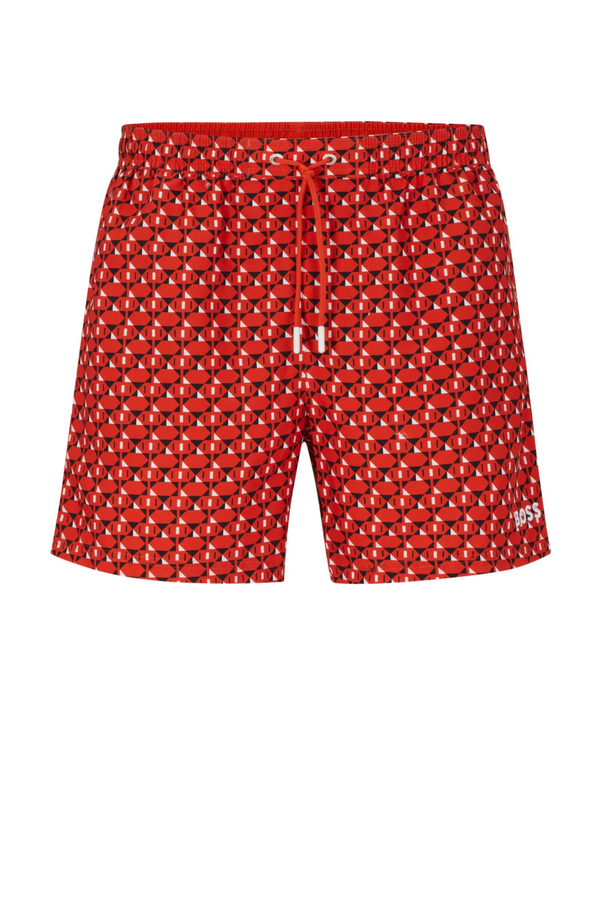 Recycled-material swim shorts with seasonal print, Orange