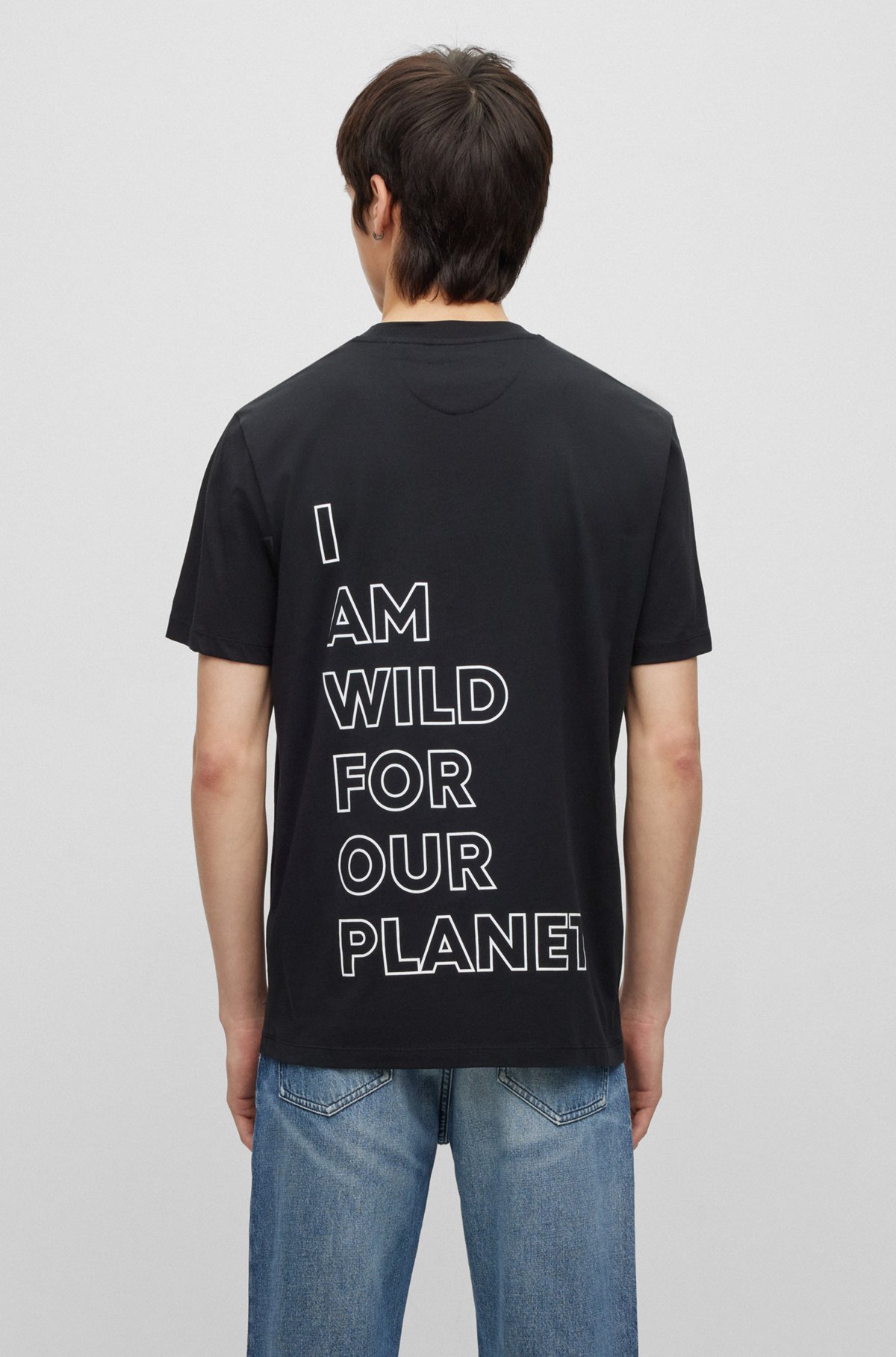 Camiseta de punto de algodón con logo y eslogan, Negro
