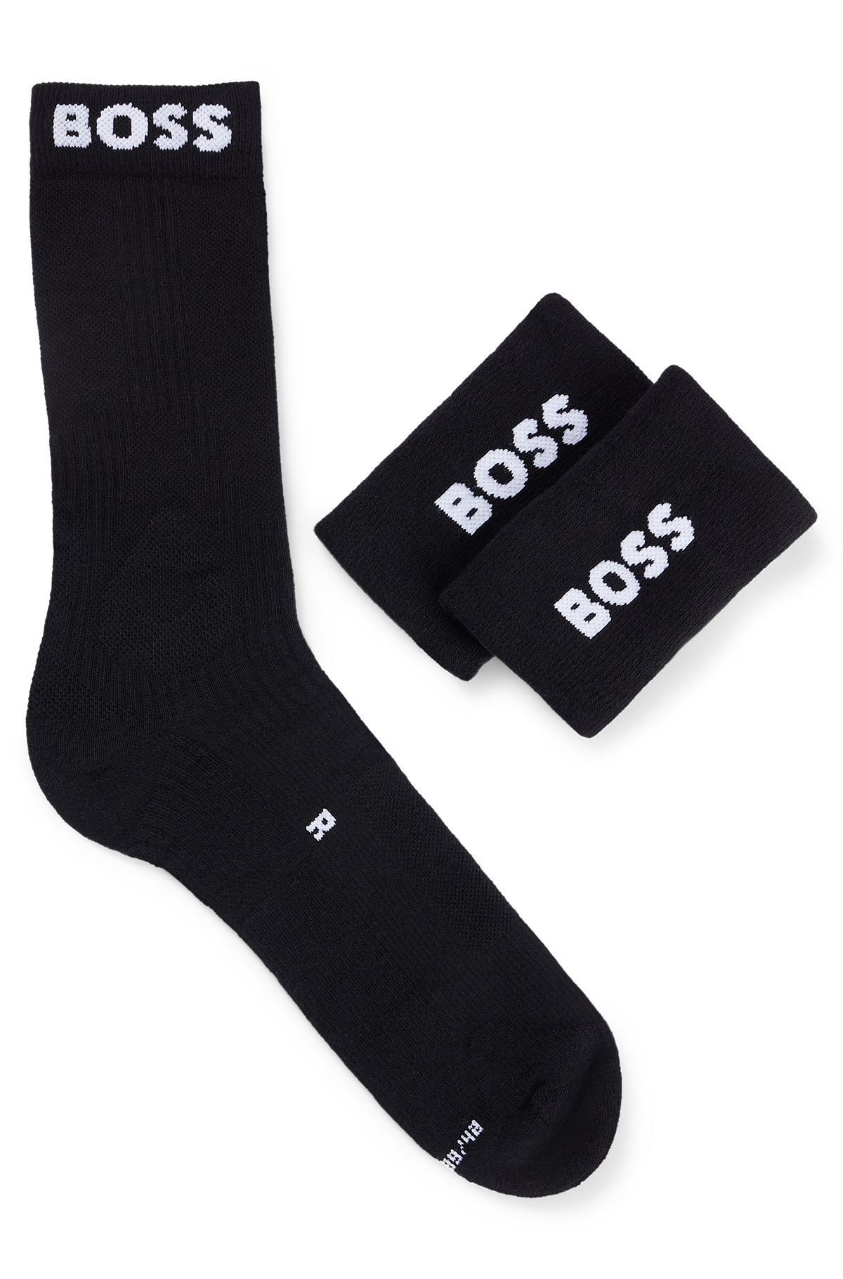 Boîte cadeau avec chaussettes mi-mollet et bracelets anti-transpiration ornés d’un logo, Noir
