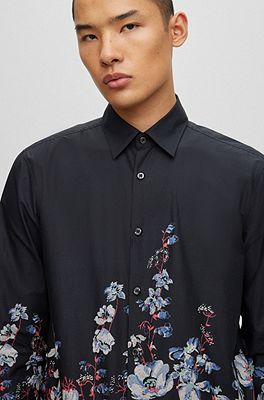 HUGO Slim fit shirt in degrad floral print cotton canvas