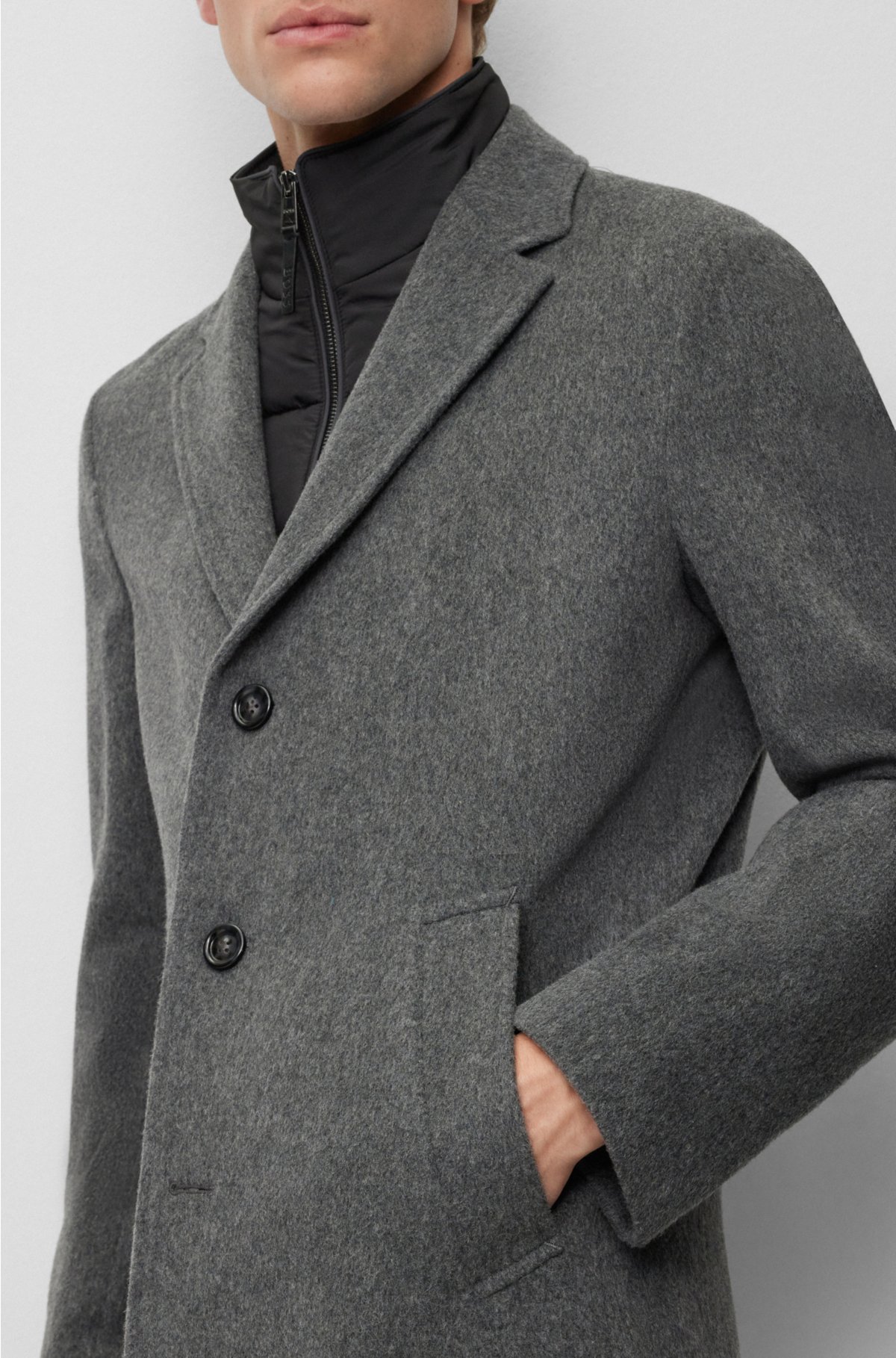 Wool-blend coat with zip-up inner, Grey