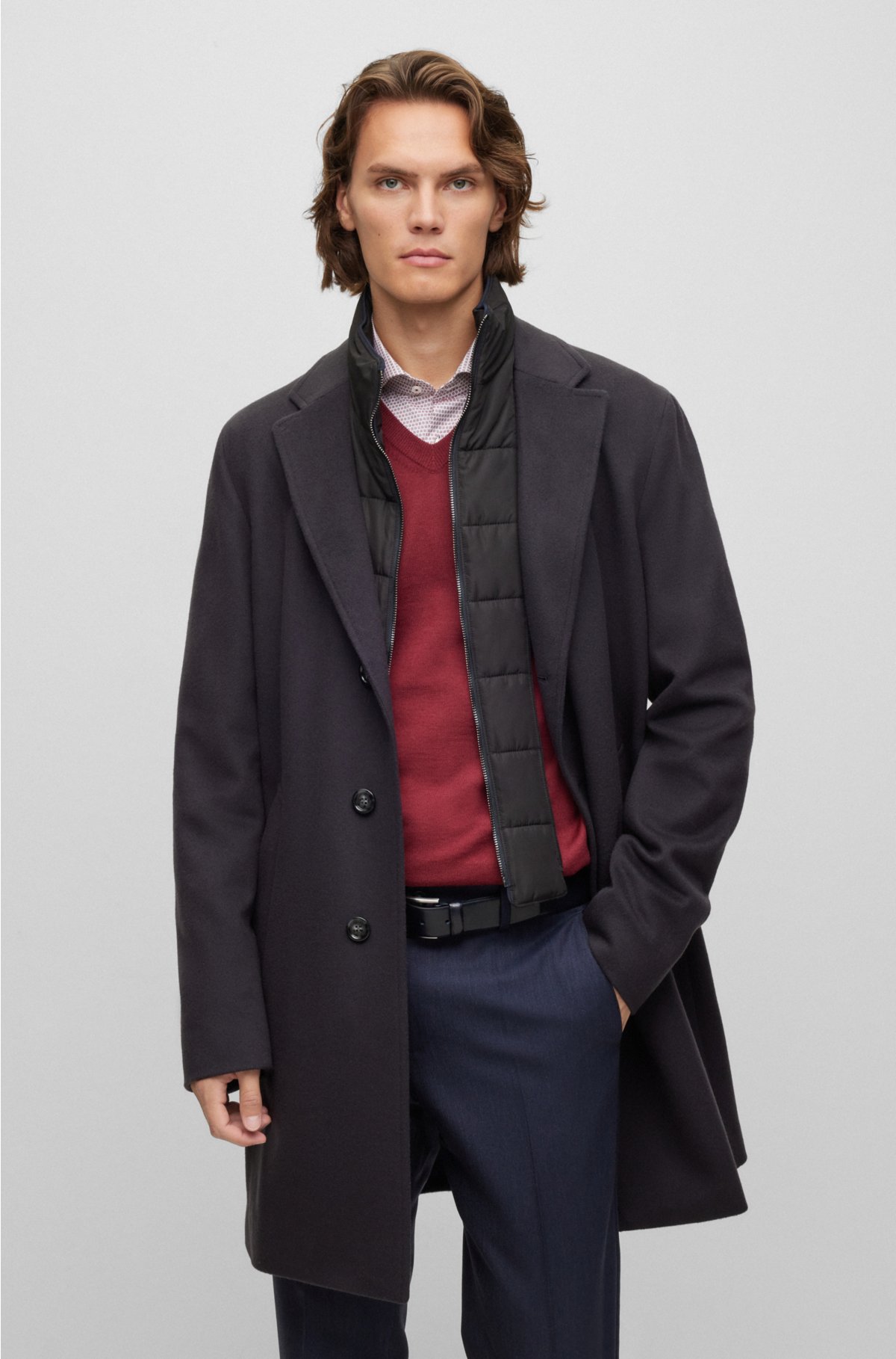 BOSS - Wool-blend coat with zip-up inner