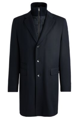 Hugo Boss Water-repellent Wool-blend Coat With Zip-up Inner In Dark Blue