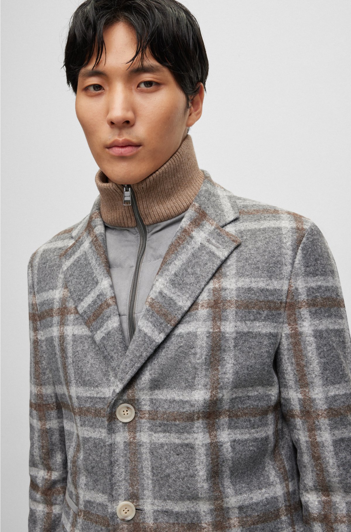 Slim-fit coat with zip-up inner, Grey