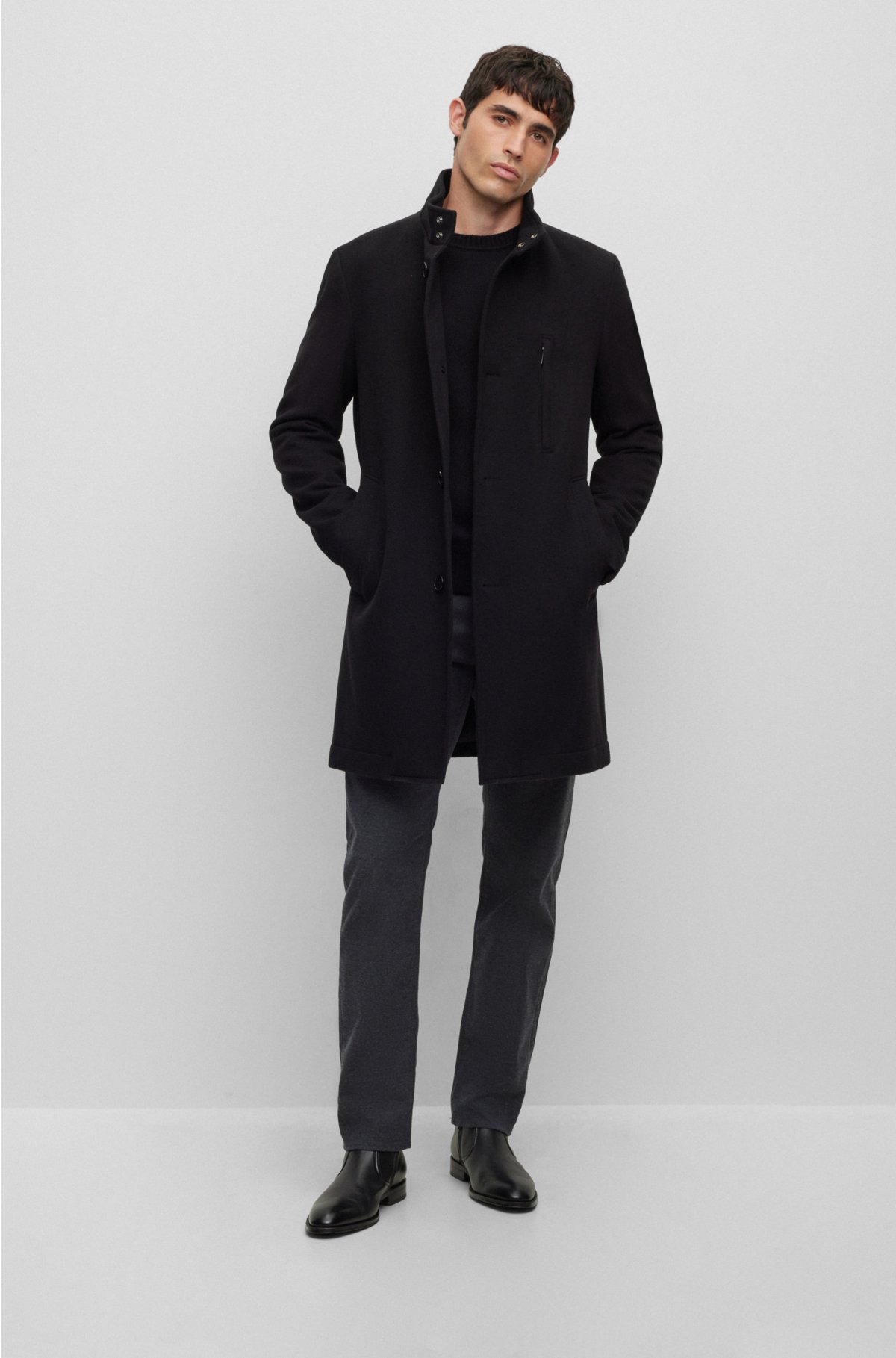 Slim-fit coat in a wool blend, Black
