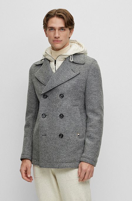 Virgin-wool slim-fit coat with hooded inner, Grey
