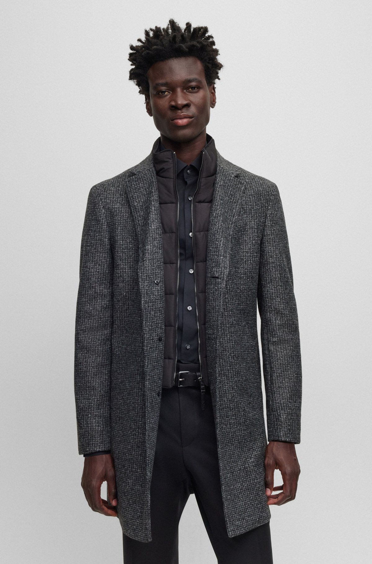 BOSS - Slim-fit patterned coat with zip-up inner - Black BOSS - Slim-fit patterned coat with zip-up inner - Black