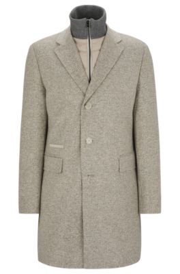 Hugo Boss Slim-fit Coat In Wool Blend With Zip-up Inner In White