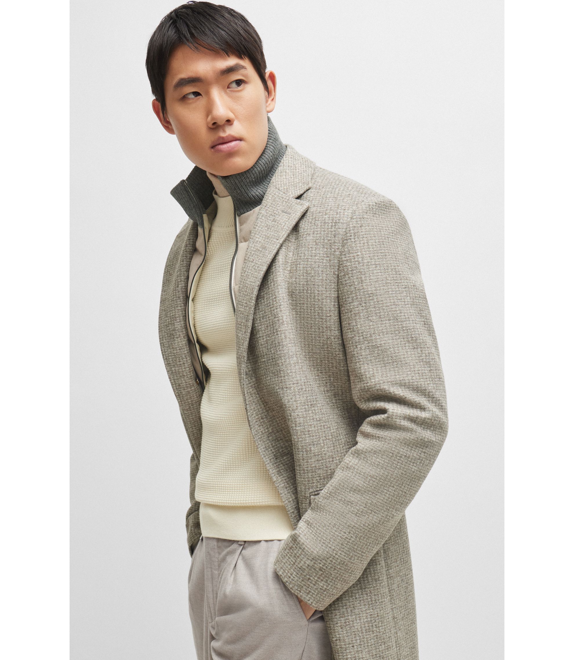 BOSS - Slim-fit coat in wool blend with zip-up inner - White