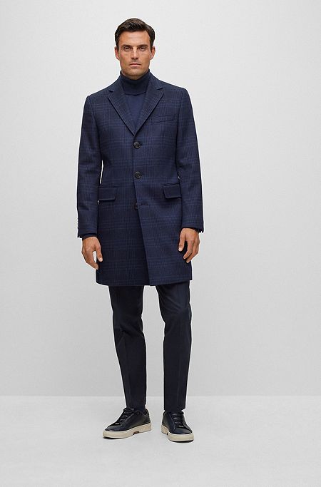 Slim-fit coat in checked virgin wool and cashmere, Dark Blue